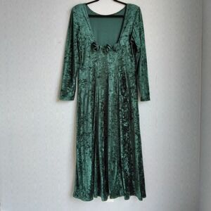 Vtg 90s Medium Crushed Velvet Maxi Dress Green Whimsigoth Forest Fairy Grunge